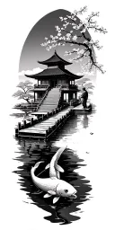 Pong with koi fish, man on a dock fishing, path leading up to a japanese building large. surrounded by cherry blossam  tattoo design idea