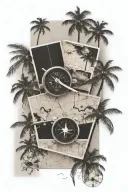 picture collage with small compass, plane, map, mountains, and palm trees  tattoo design idea