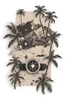 picture collage with small compass, plane, map, mountains, and palm trees  tattoo design idea