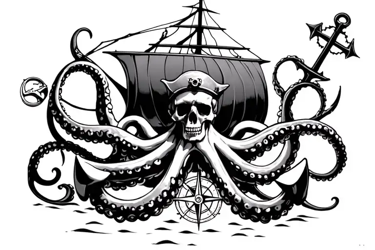 pirate ship, anchor, compass, octopus tentacles tattoo design idea