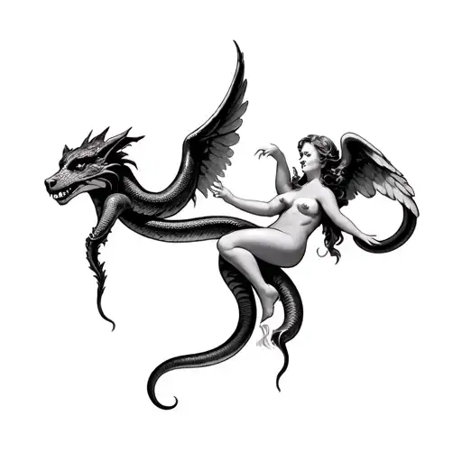 sexy angel riding a snake happy baby gargoyle tattoo design idea