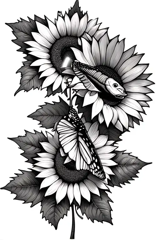 summer transitioning into fall with sunflowers turning into maple leaves a fish with a lure in its mouth and a monarch  tattoo design idea