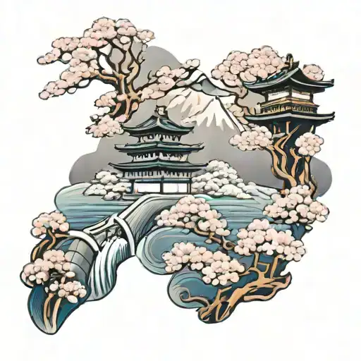 arm sleeve tattoo featuring Japanese castle, cherry blossom tree and samuri tattoo design idea