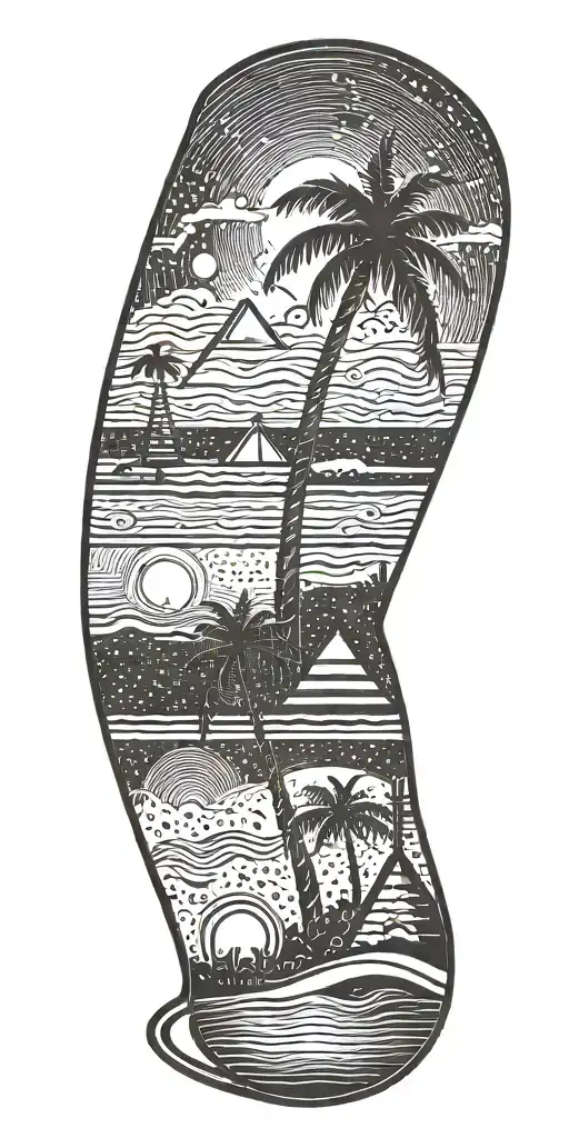 outer space, palm tree, galaxy, pyramid, shoal wintergreen dip can in the sand with a sunset tattoo design idea