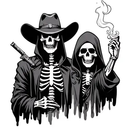 skeleton with a cowboy hat smoking a cigarette standing up next to the grim reaper. grim reaper has a hood skeleton face tattoo design idea