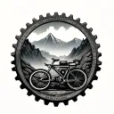 mountains in the background with a mistborn . a bike cog. books. and a camera  tattoo design idea