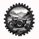 mountains in the background with a mistborn . a bike cog. books. and a camera  tattoo design idea