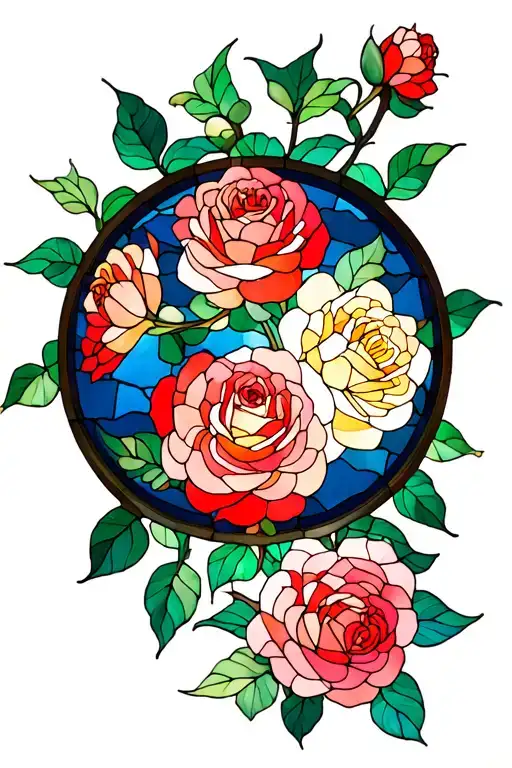 stained glass window with roses blooming tattoo design idea