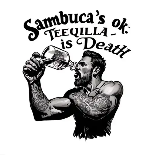 "Sambuca’s ok, Tequila is Death" man drinking sambuca and throwing tequila bottle tattoo design idea