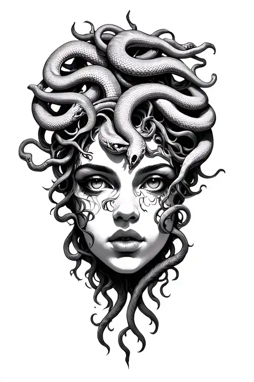 beautiful medusa face with snakes and determine strength  tattoo design idea