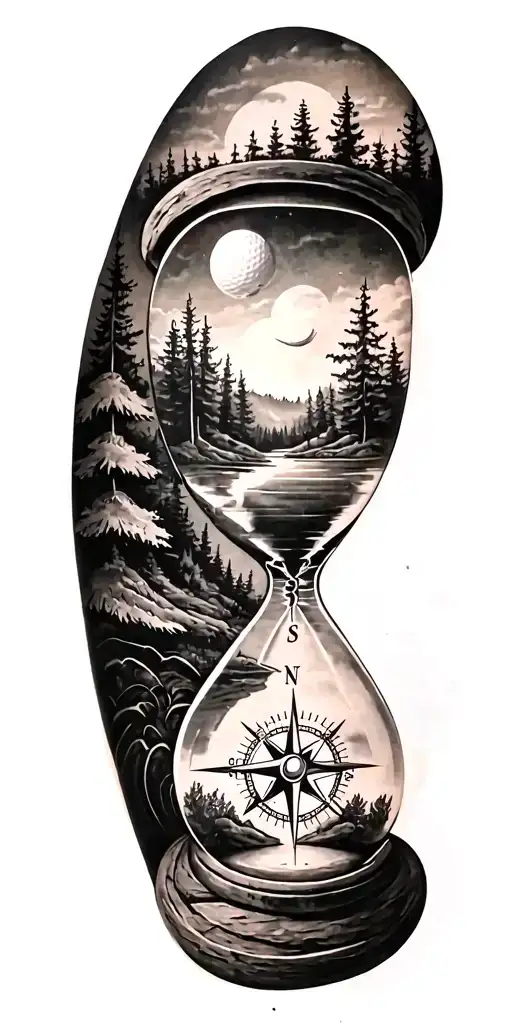 family and forest and hour glass and compass golf course tattoo design idea