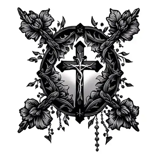 Rosary with cross surrounded tattoo design idea