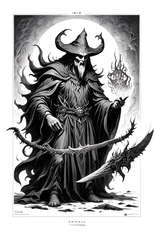 evil wizard summoning dark figures emerging tattoo design idea
