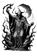 evil wizard summoning dark figures emerging tattoo design idea