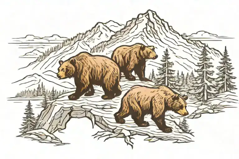 3 grizzly bears in the woods walking down 3 different paths peacefully with mountain in back ground tattoo design idea