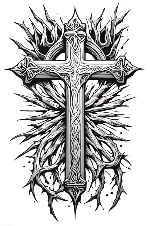 christian cross with a thorn of crowns over the top beam tattoo design idea
