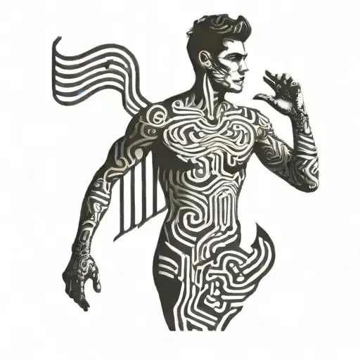 A fashion male model walking down a runway made of musical notes tattoo design idea