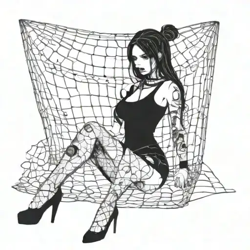 slim thick goth girl, emo short cute, nude, sexy, skirt, fishnet, lingerie, introverted, arched, long black hair, sweat tattoo design idea