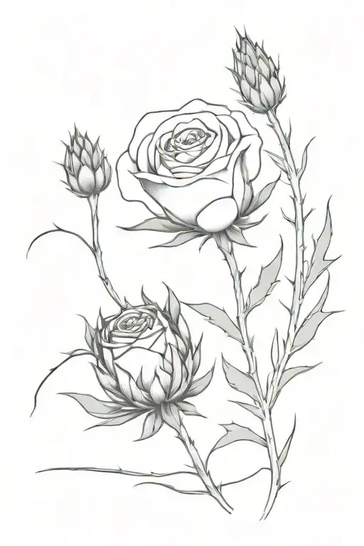 scottish thistle intertwined with single rose and sprig of lavendar tattoo design idea