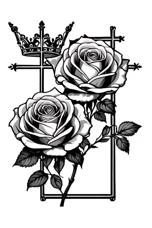 3 roses black and white to fill background, negative space rectangle cross with a crown also negative space tattoo design idea