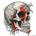 White Skull, Cracked, Bloody, missing Jawbone, missing teeth, melting, decrepit Dark red blood, Human Spine, Horror. tattoo design idea