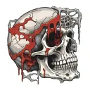 White Skull, Cracked, Bloody, missing Jawbone, missing teeth, melting, decrepit Dark red blood, Human Spine, Horror. tattoo design idea