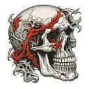 White Skull, Cracked, Bloody, missing Jawbone, missing teeth, melting, decrepit Dark red blood, Human Spine, Horror. tattoo design idea