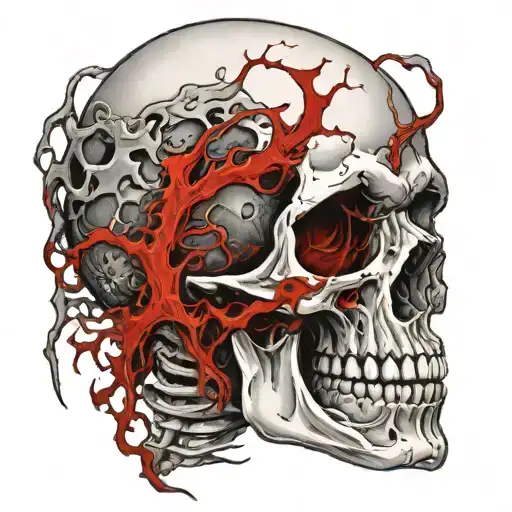 White Skull, Cracked, Bloody, missing Jawbone, missing teeth, melting, decrepit Dark red blood, Human Spine, Horror. tattoo design idea