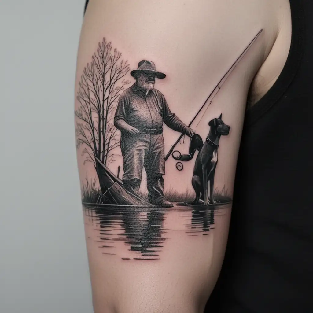 grandpa, granddaughter ,and dog fishing tattoo design idea