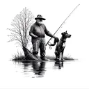 grandpa, granddaughter ,and dog fishing tattoo design idea