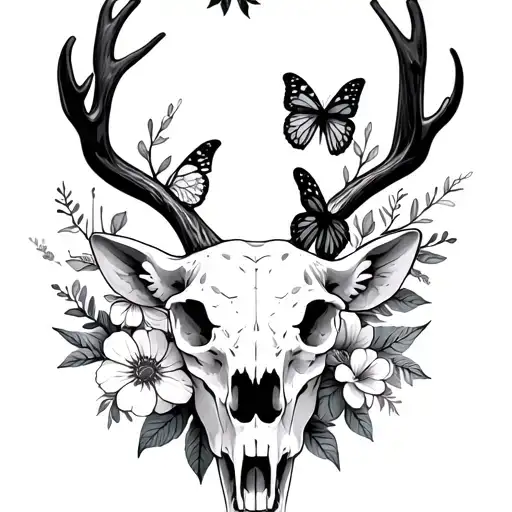European Deer Skull with Birth flowers  and butterfly tattoo design idea