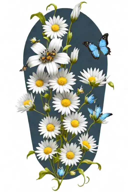 an intricate boquet of white daisys, blue cosmos flowers, and a lot of space between the flowers, and one butterfly tattoo design idea