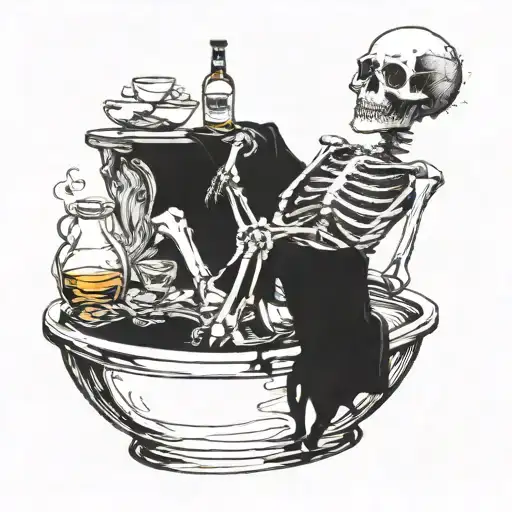 skeleton sitting in a whiskey glass like it's a hot tub, use bold likes and lots of black tattoo design idea
