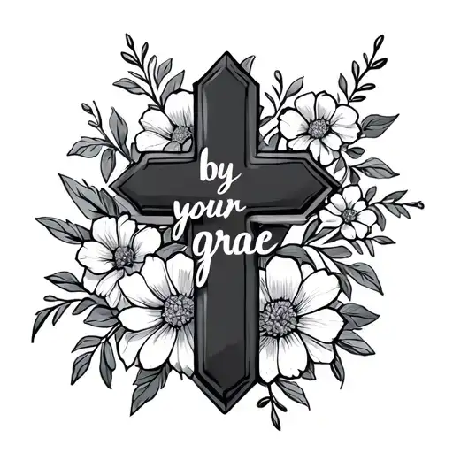 cross with flowers saying "by your grace" as the horizontal part of the cross tattoo design idea