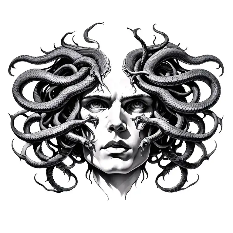 "Medusa head, dark, gritty, intricate snake detail, with subtle warrior elements, symmetrical for chest." tattoo design idea