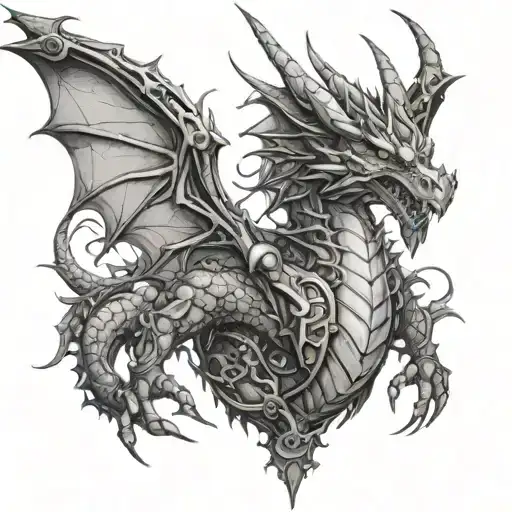 "Design a highly detailed, futuristic dragon tattoo with a cyberpunk twist. The dragon should have sleek, mechanical sca tattoo design idea