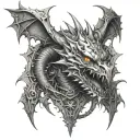 "Design a highly detailed, futuristic dragon tattoo with a cyberpunk twist. The dragon should have sleek, mechanical sca tattoo design idea