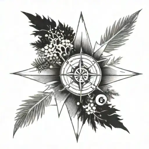 An intricate dotwork design of a compass rose surrounded by pine trees and ocean waves tattoo design idea