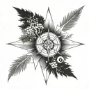 An intricate dotwork design of a compass rose surrounded by pine trees and ocean waves tattoo design idea
