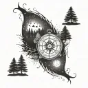 An intricate dotwork design of a compass rose surrounded by pine trees and ocean waves tattoo design idea