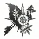 An intricate dotwork design of a compass rose surrounded by pine trees and ocean waves tattoo design idea