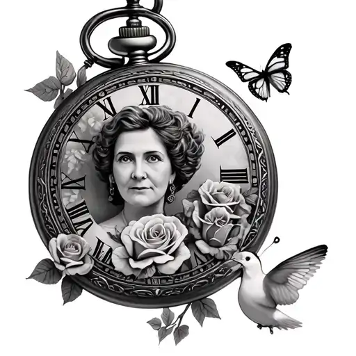 Black & grey memorial tattoo of my grandmother’s portrait in a pocket watch (18:30) with roses, doves, butterflies  tattoo design idea