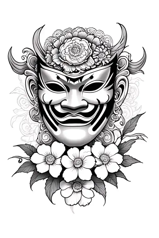 manly Japenese samorai mask tattoo design with Japenese flowers at the bottom of mask   tattoo design idea