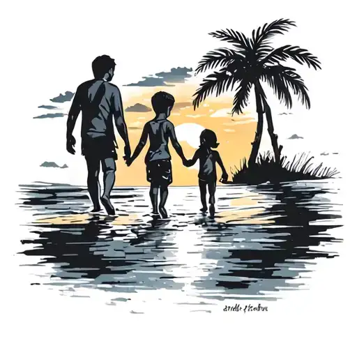 Single dad and 2 kids. 1 boy and 1 girl walking in to a sunset along a beach tattoo design idea