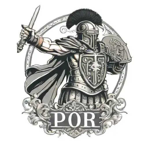 A striking black-grey tattoo design for the upper arm, featuring a Roman gladiator in a powerful stance with a sword and shield, wearing an ornate Roman helmet. The background includes the iconic Colosseum with intricate shading to highlight its historical significance. The inscription 'SPQR' is prominently displayed in a classical Roman font above or below the gladiator, complemented by Latin phrases like 'Animus Invictus' or 'Ad Victoriam' seamlessly integrated into the design. The overall style is bold and detailed, emphasizing the warrior's strength, resilience, and connection to Roman symbolism in a captivating black-grey aesthetic. tattoo design idea