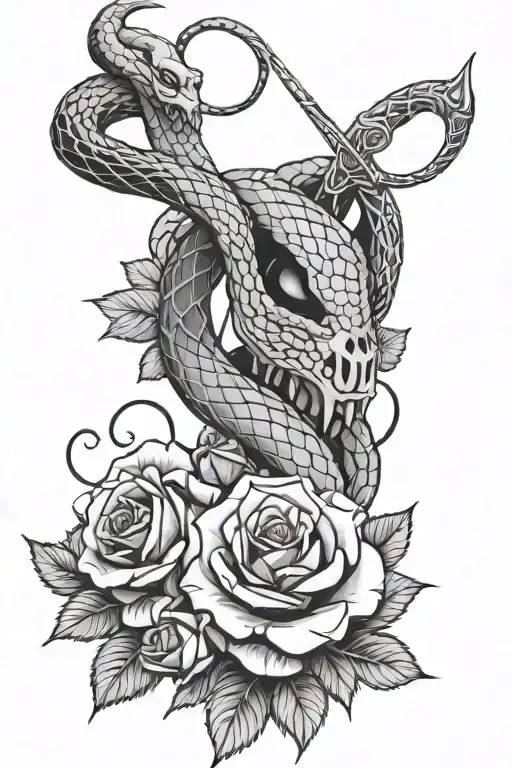 snake, roses, and a dagger wrapped tattoo design idea