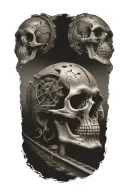 railroad train tracks going into the distance with skulls and harley davidson engine parts tattoo design idea