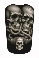 railroad train tracks going into the distance with skulls and harley davidson engine parts tattoo design idea