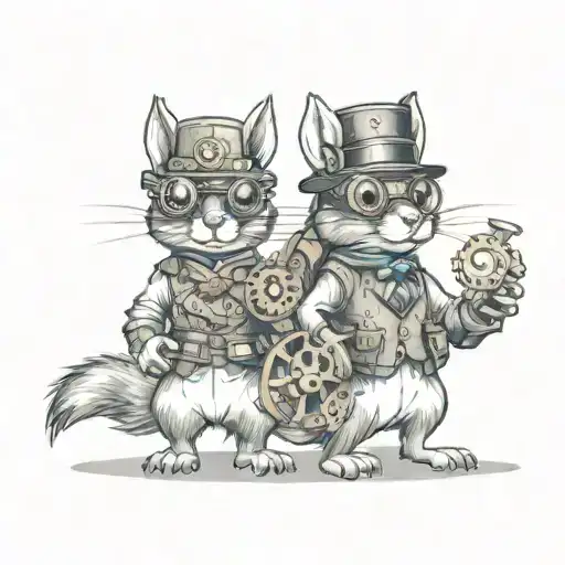 A matching cartoon squirrel duo dressed in steampunk attire with goggles and gears tattoo design idea