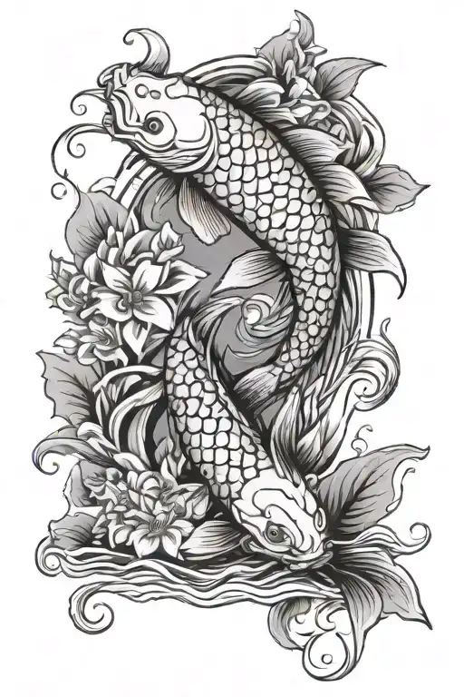 koi fish with flowers and waves  tattoo design idea